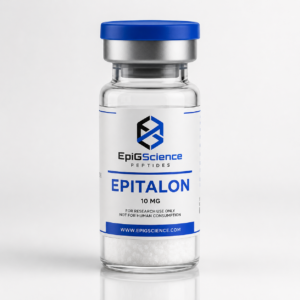 EpiGScience Epitalon 10 mg research peptide vial on a white background.