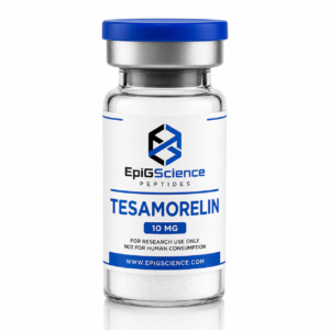 EpiGScience Tesamorelin 10 mg research peptide vial with a blue cap and branded label on a clean white background.